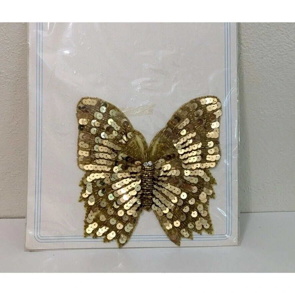 ELEGANCE Gold Butterfly Sequined Sew-On Sewing Applique Craft Patch Vintage‎